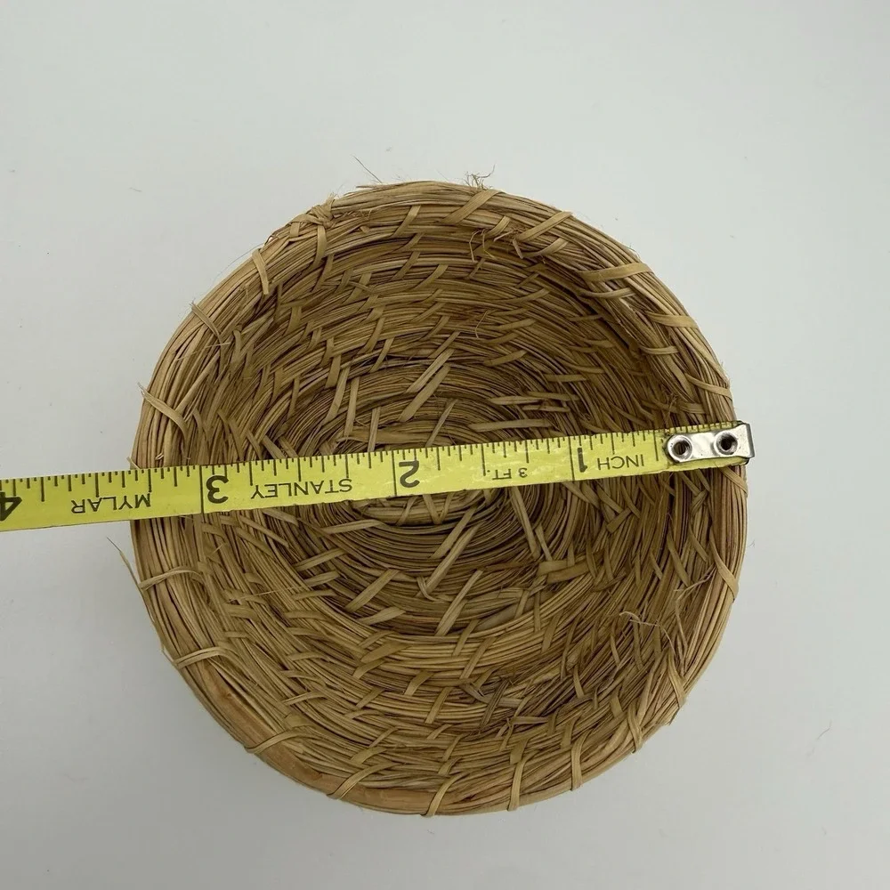 Vtg‎ Woven Straw Basket Lidded Raffia Trinket Box Cream Floral Design Boho MCM